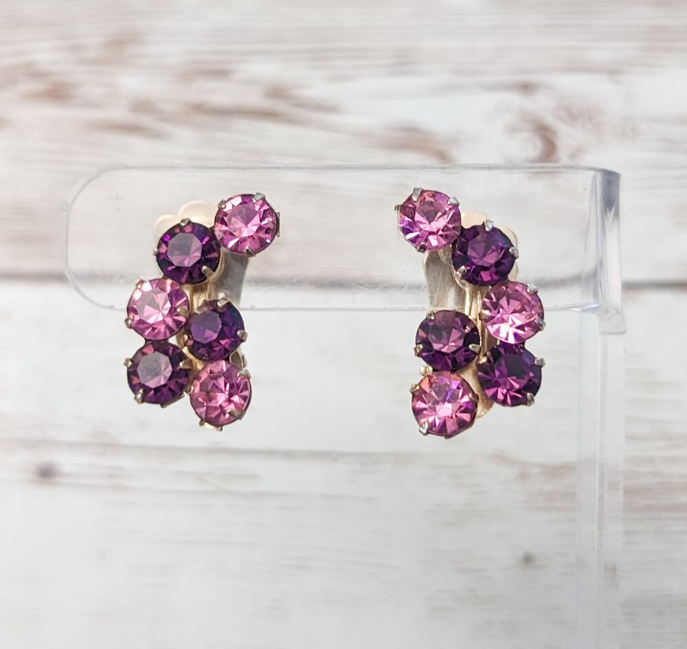Vintage Clip On Earrings - 1" Pink & Purple Gems Statement